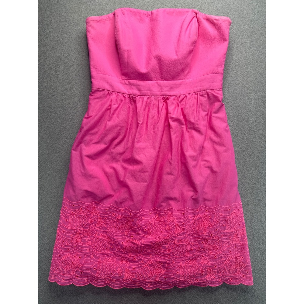 Vineyard Vines Dress Women 2 Pink Strapless Eyelet Fish Hem Fit & Flare Preppy